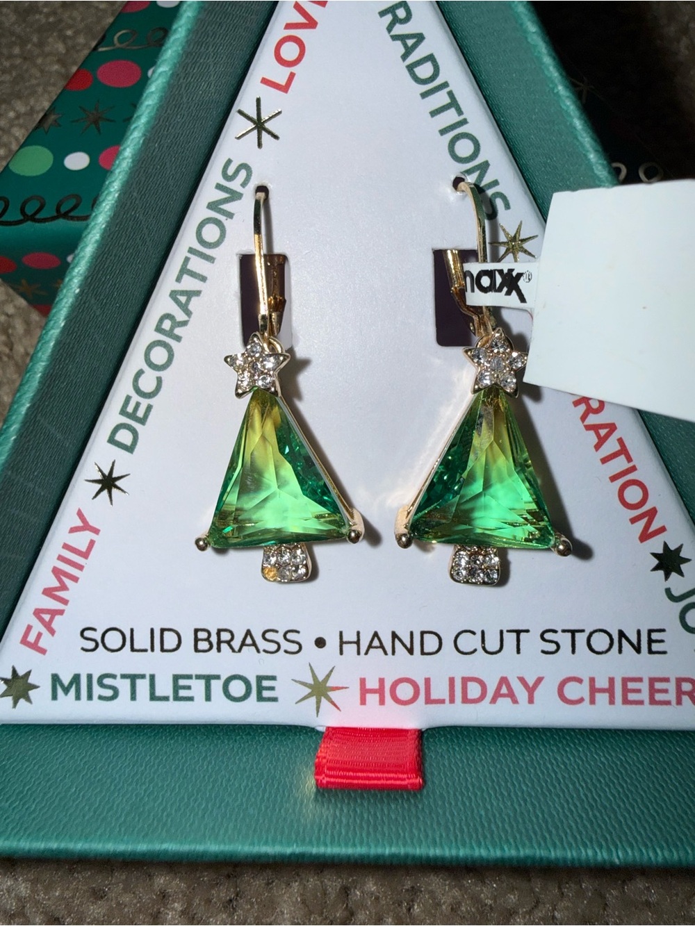 NWT Green Crystal Tree Drop Earrings with Gold-tone Accents in gift box